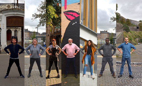 Photo-montage de citoyens prenant une pose de super-héros en différents endroits de Namur